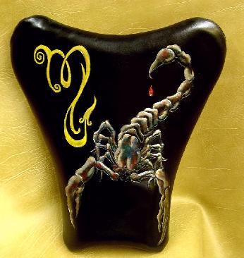 This seat is going on a woman's sport bike. She's a Scorpio, and wanted it on the seat. She brought me a design from a tattoo, This is what I used as a reference.